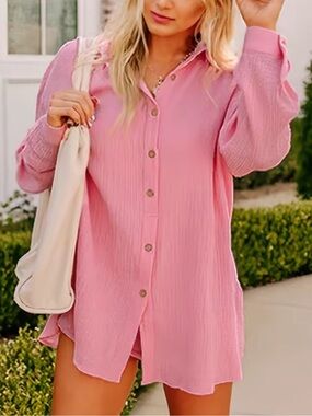 Casual Pink Button-Down Tunic Shirt